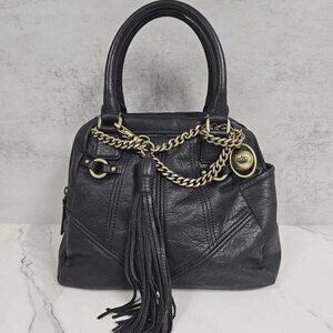 Juicy Couture Vintage Black Leather Bowler Handbag With Gold Chains